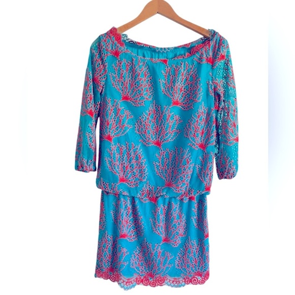 Lilly Pulitzer Cee Cee Snorkel Teal and Coral Red Lace Dress in Size 4 - Picture 1 of 7